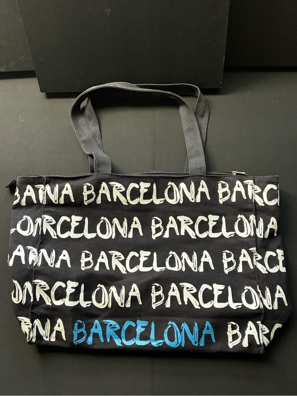 Robin Ruth Black Canvas Barcelona Print Tote with Blue Accent